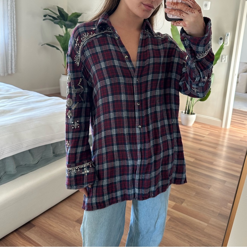 Free People Silver Sequin Plaid Button-Up Shirt